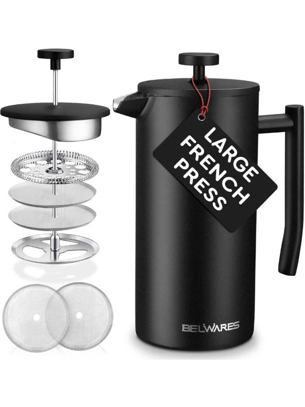 50oz Large Insulated French Press Coffee Maker - Matte Black Stainless Steel